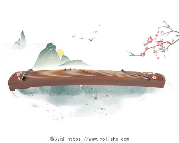 中国古风古筝弦乐器诗情画意山水桃花高山流水伯牙钟子期故事元素